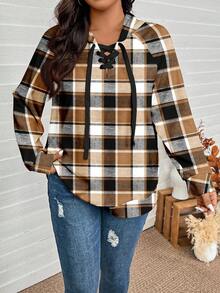 EMERY ROSE 圣诞格子印花休闲宽松大码女式连帽长袖卫衣，秋冬款，女士冬季款，新年女装，格子图案 - 彩色 - 查看 6