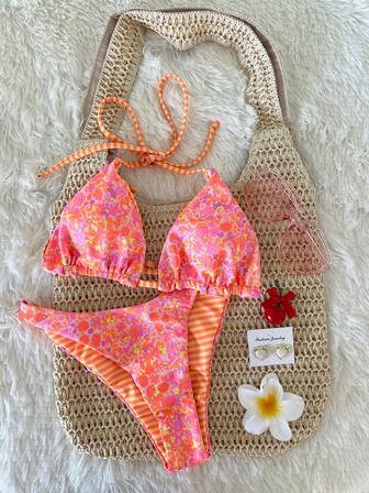 Swim Mod 2st/set Damer Söt slumpmässigt blommönster Vändbar grimstopp och bedårande underdelar Bikinibaddräktset, semester & strand