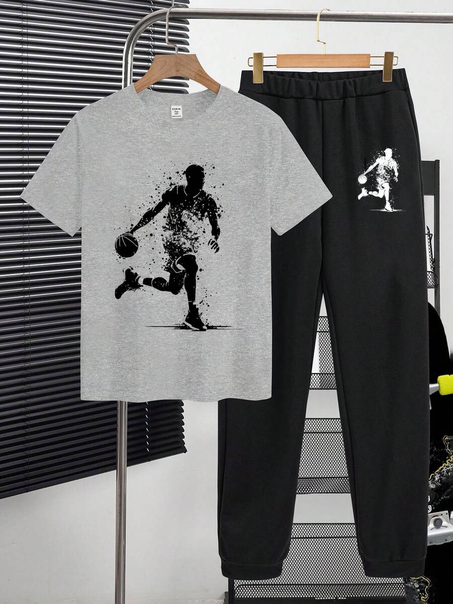 SHEIN 2 件套休闲篮球图案套头衫,适合青少年男孩,适合夏季 - 彩色 - 查看 1