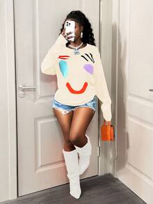 BamGleam Casual Smiling Face Patchwork Knit Sweater, Autumn/Winter - Apricot - View 7