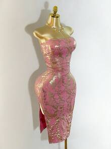 Mistrie Váy quây hở vai gợi cảm dập nóng màu hồng đa năng - Đỏ - Xem 6