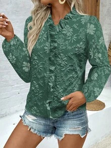 Selianne 优雅日常V领荷叶边泡泡袖纹理女式衬衫 - 墨綠色 - 查看 3