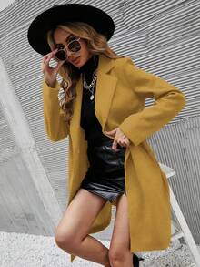 SHEIN Clasi 女式纯色翻领长袖双排扣休闲羊毛大衣，秋冬 - 黃色 - 查看 6