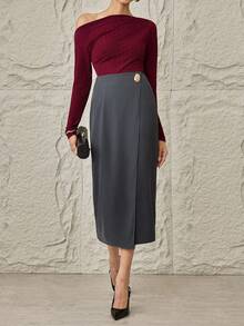 Modelyn 女士优雅金属装饰腰部铅笔裙，适合通勤 - 深灰色 - 查看 2