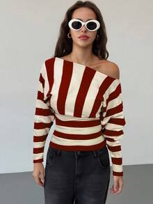 Aloruh Asymmetric Shoulder Black & White Striped Batwing Sleeve Cinched Waist Tight Fitted Young Lady Sweater - Burgundy - View 3