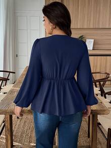 EMERY ROSE Plus Size Women V-Neck Sequin Patchwork Ruffle Hem Bowknot Blouse, Autumn/Winter - Navy Blue - View 2