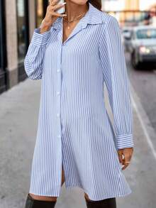 SHEIN Clasi Camisa Listrada Azul e Branca de Manga Longa Feminina, Jaqueta de Colete de Malha com Cinto, Elegante para Uso Diário e Transporte, Conjunto de 2 Peças para Outono/Inverno - Multicolorido - Visão 13