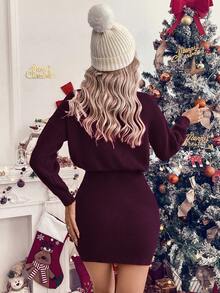 LanaWest Lässiges rotes, besticktes Rollkragenkleid mit weihnachtlichem Buchstabenprint für Damen, Herbst/Winter, ideal für Silvester - Violett - Übersicht 2