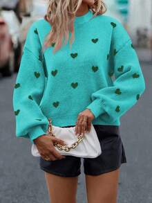 SHEIN LUNE Sweater Kasual Wanita Motif Hati dengan Bahu Longgar, Musim Gugur/Dingin - Hijau - View 6