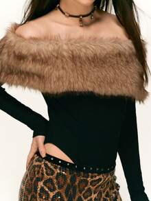 Rina Fox Sexy Chic Off-Shoulder Long Sleeve Fitted Furry Bodysuit