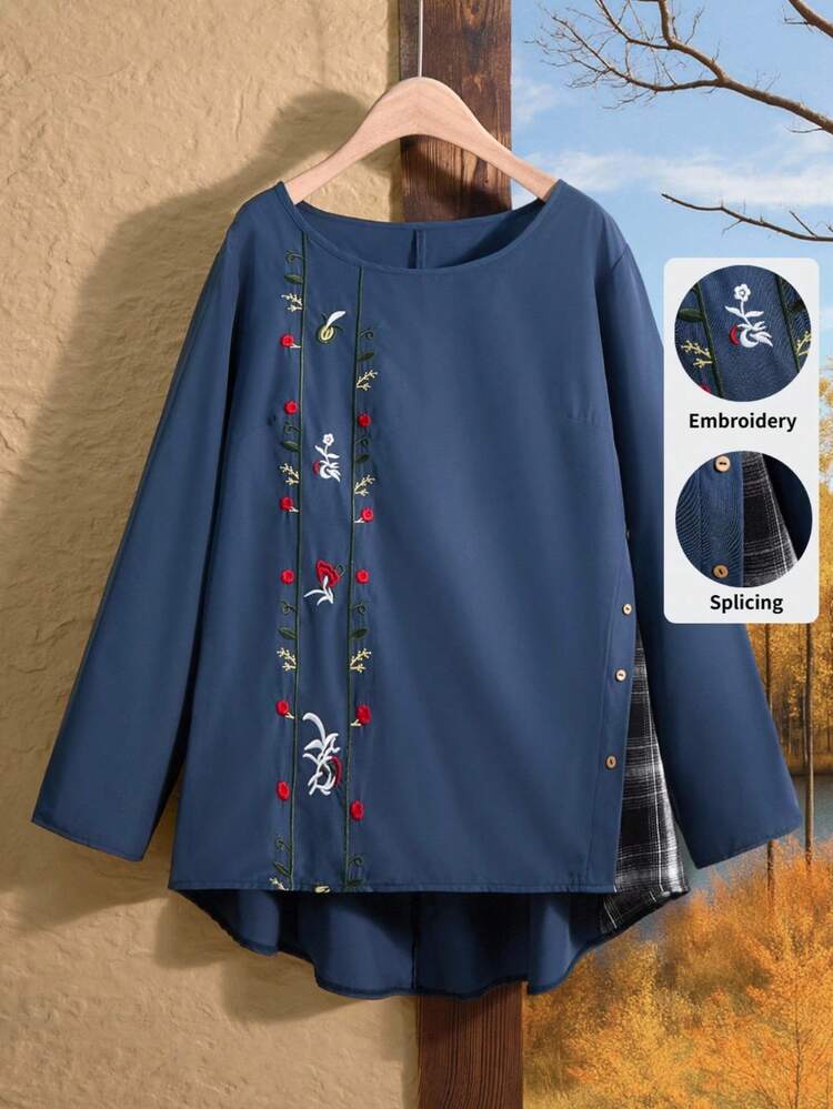 Große Größen Herbst Lässig Bluse mit floraler Stickerei, Karomuster Patchwork, Landhaus Stil für Frauen, Country Konzert, Winter Gemütlichkeit Herbst