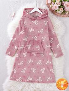 1 Piece Sets Girls Butterfly & Heart Pattern Kangaroo Pocket Nightgown Loungewear, Autumn/Winter Winter Pajamas For Girls Bow Pajamas Soft Pajamas Set Kids Clothes Girls - Multicolor - View 5