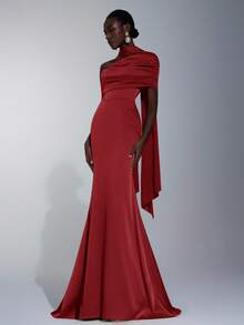 Elitara Elegant,Formal Burgundy Winter Bridesmaid Dress, Stretch Satin Fishtail Hem Trailing Fashionable Influencer Holiday Wedding Event - Red - View 5