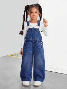 SHEIN 女童蓝色无袖休闲舒适透气宽松牛仔背带裤 - 深色水洗藍 - 查看 5