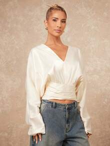 Lumalex VITNOSIvory Draped V-Neck Crop Top With Voluminous Long Sleeves, Soft Gathered Waist, Adjustable Wrap Tie Back & Fluid Satin-Like Finish Top, Spring/Summer, New Year Glamour, Wedding Season, Wedding Guest Outfits, Vacation Holiday Season Special Outfits, Party Outfits, Elegant Dress For Parties, Spring Dresses For Women, Formal Dress, Glamour Elegant Dress, ID Al-Adha, New Style Women, Luxury Dresses, Prom Gathering Party Banquet Modest Old Money Coquette Holiday Party Rave Festival Outing Vacation Hot Outdoor Richly Layered Wedding Season Banquet Christmas New Year Looks Of Party Valentine's Day Dress, Party Guidelines - Apricot - View 3