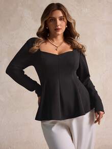 Elegantrix Blusa casual con cuello de corazón, cuello cuadrado y volantes en el bajo para mujer de talla grande - Negro - Ver 5