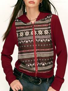 INAWLY Chaqueta con capucha con cremallera y estampado de copos de nieve, informal, para otoño - Multicolor - Ver 5