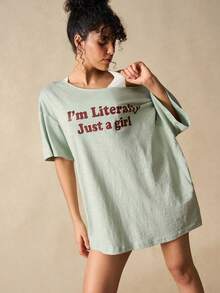 VARSIVA 字母印花宽松休闲圆领短袖T恤 - 綠色 - 查看 4