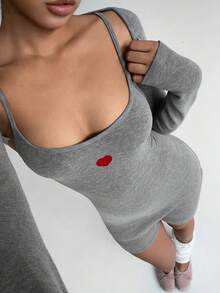 SHEIN Unity 2pcs Women Grey Embroidered Knitted Thermal Jumpsuit, Suitable For Daily, Party, Commute, Casual Wear, Autumn/Winter - Grey - View 1