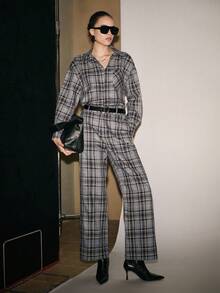 SHEIN Luminelle Bộ 2 món áo sơ mi dài tay ôm sát ve kẻ caro thường ngày + quần dài có túi xéo dành cho nữ - Màu xanh lam - Xem 7