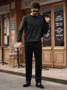 HIMLAND 男士休闲仿水钻印花套头卫衣，秋季在线水钻长袖卫衣派对上衣，适合全袖卫衣 - 黑色 - 查看 1