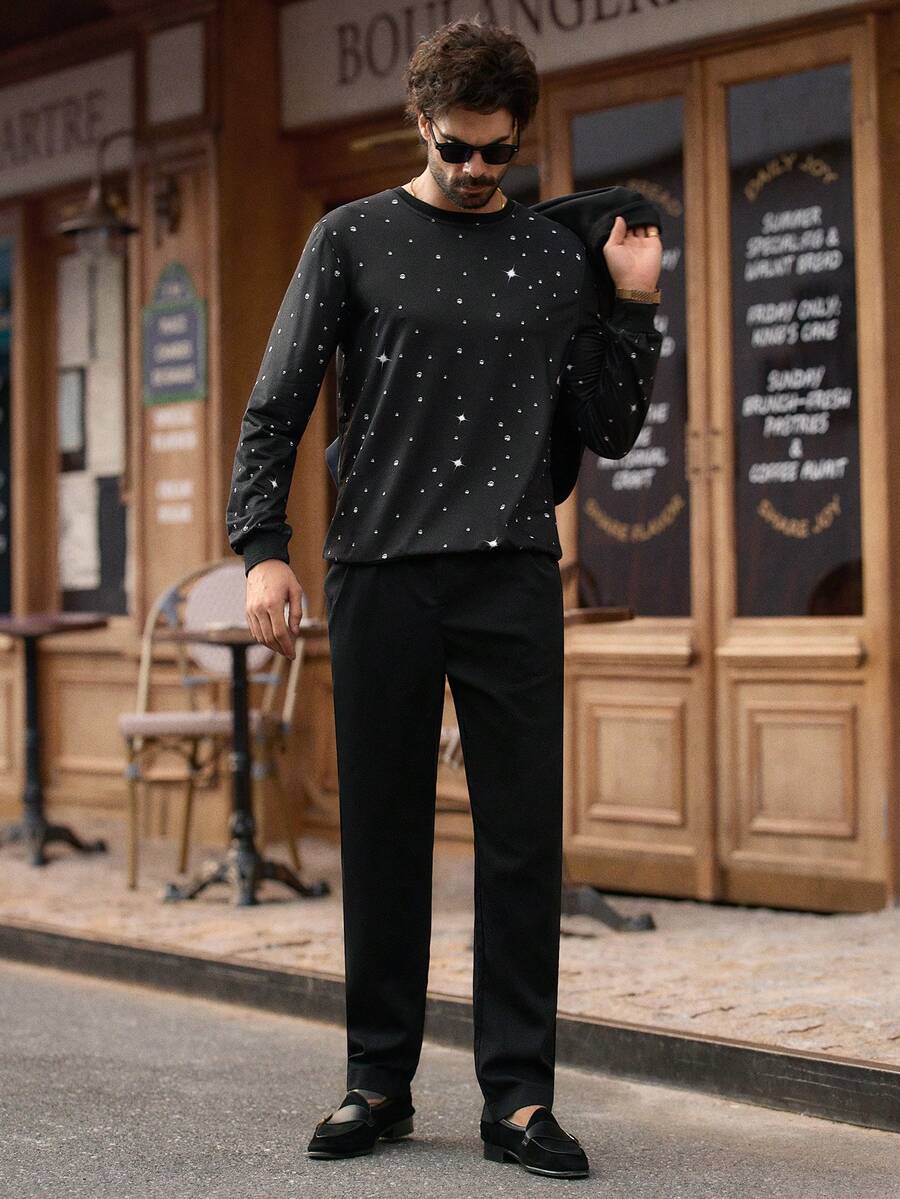 HIMLAND 男士休闲仿水钻印花套头卫衣，秋季在线水钻长袖卫衣派对上衣，适合全袖卫衣 - 黑色 - 查看 1