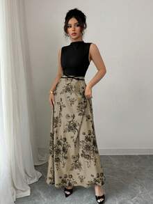 Elenzga 女士度假音乐节黑色针织罗纹拼接玫瑰印花系腰连衣裙 - 卡其色 - 查看 3