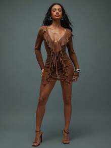 Hauture Women's Solid Color Ruffle V-Neck Sexy Long Sleeve Short Dress - Brown - View 4