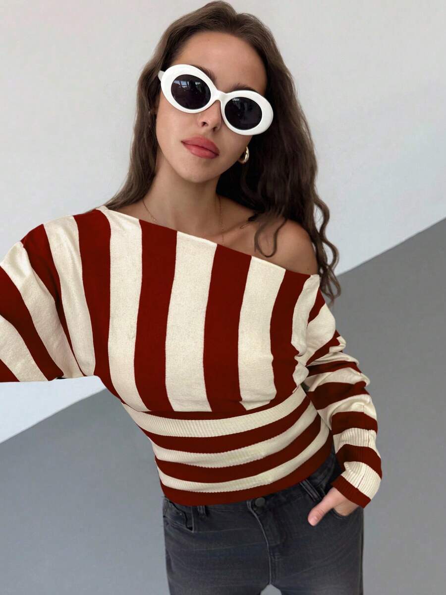 Aloruh Asymmetric Shoulder Black & White Striped Batwing Sleeve Cinched Waist Tight Fitted Young Lady Sweater - Burgundy - View 1
