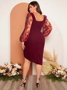 SHEIN Belle 大码花卉植绒网纱裹身伴娘礼服 - 紫紅色 - 查看 2