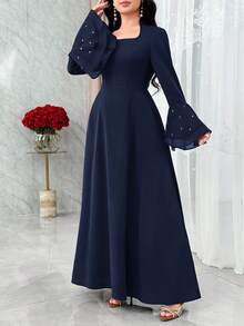 Modelyn Flared Sleeve, Rhinestone Decor, Heterogeneous Material Patchwork Waist Cinched Elegant Party Dress, Flattering - Navy Blue - View 5