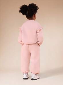 SUMWON 女童荷叶边袖蝴蝶印花卫衣和运动裤套装，休闲度假装 - 粉色 - 查看 2