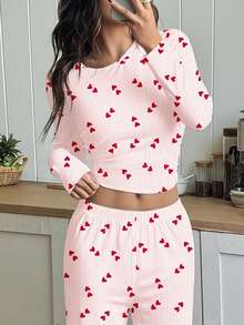 Retro Sweet Super Cute Mini Striped Heart Print, Pink, College Style Fashionable Casual Vibe, Ballerina Style, Dopamine, Tween Girl Casual Slim Fit Crew Neck Long Sleeve Top And Pants Loungewear, Suitable For Autumn/Winter - Multicolor - View 5