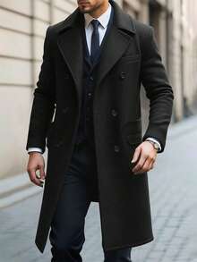 Manfinity Mode Men's Solid Color Button-Up Collar Long Sleeve Double-Breasted Casual Jacket, Autumn - Black - View 1