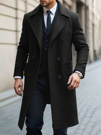 Manfinity Mode Men's Solid Color Button-Up Collar Long Sleeve Double-Breasted Casual Jacket, Autumn