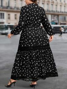 SHEIN LUNE Váy ren họa tiết hoa cỡ lớn, cổ chữ V nhỏ, tay dài, ren, quần áo mùa thu, quần áo trở lại trường, phong cách cổ điển, trang phục công sở cho nữ, sân bay cho nữ, trang phục ngày lễ đơn giản và thời trang, váy boho cho nữ, trang phục ngày lễ thanh lịch, đi làm hàng ngày và ngoài trời, váy dài thon gọn Essentia, váy thanh lịch, váy dự tiệc cưới, váy thanh lịch cho tiệc lễ hội dành cho nữ - màu đen - Xem 3