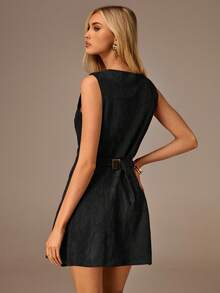 Avantive Women's Minimalist Front Button V-Neck Sleeveless Mini Dress, Summer - Black - View 2