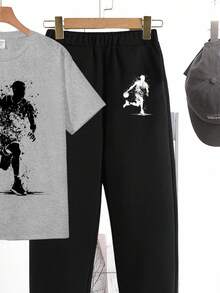 SHEIN 2 件套休闲篮球图案套头衫，适合青少年男孩，适合夏季 - 彩色 - 查看 4