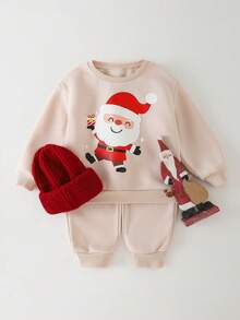 THE HAPPY LOOK 2pcs/Set Young Boy Christmas Pattern Knit Soft Crew Neck Long Sleeve Pullover Sweatshirt And Elastic Waist Pants