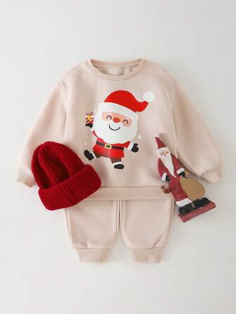THE HAPPY LOOK 2pcs/Set Young Boy Christmas Pattern Knit Soft Crew Neck Long Sleeve Pullover Sweatshirt And Elastic Waist Pants
