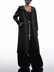 LYSMO 2025新款极简秋季女式休闲黑色纽扣连帽风衣，适合作为外套、街头服饰、飞行员夹克、返校雨衣、女士长款外套和鼠尾草黑色连帽雨衣，男女皆宜 - 黑色 - 查看 5