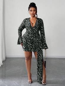 Maweii Plus Size Sexy Leopard Print Flare Sleeve Tie-Front Bodycon Dress