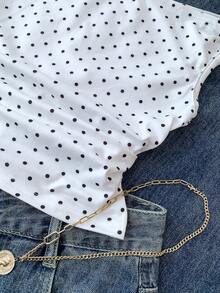 SHEIN Tween Girls White Knit Casual Minimalist Polka Dot Print Asymmetric Ruched Cropped Top, Suitable For Spring/Summer, Casual, Personalized Styling, Daily Wear