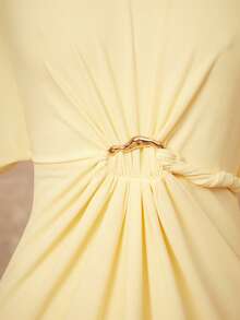 Lumalex VITNOS Damen blassgelbes elegantes Herbst Tee-Party Maxikleid, Puffärmel, gefaltete Taille, langes Hochzeitsgastkleid mit Metallknöpfen, Old Money Stil - Hellgelb - Übersicht 4