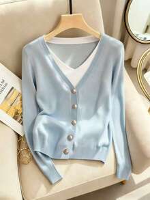 GlowEve 秋冬新款V领长袖套头针织女式毛衣 - 藍色 - 查看 1