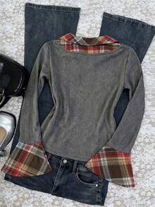 INAWLY Lässiges Damen-Top mit Karomuster und ausgestellten Ärmeln (2-in-1) - Grau - Übersicht 4