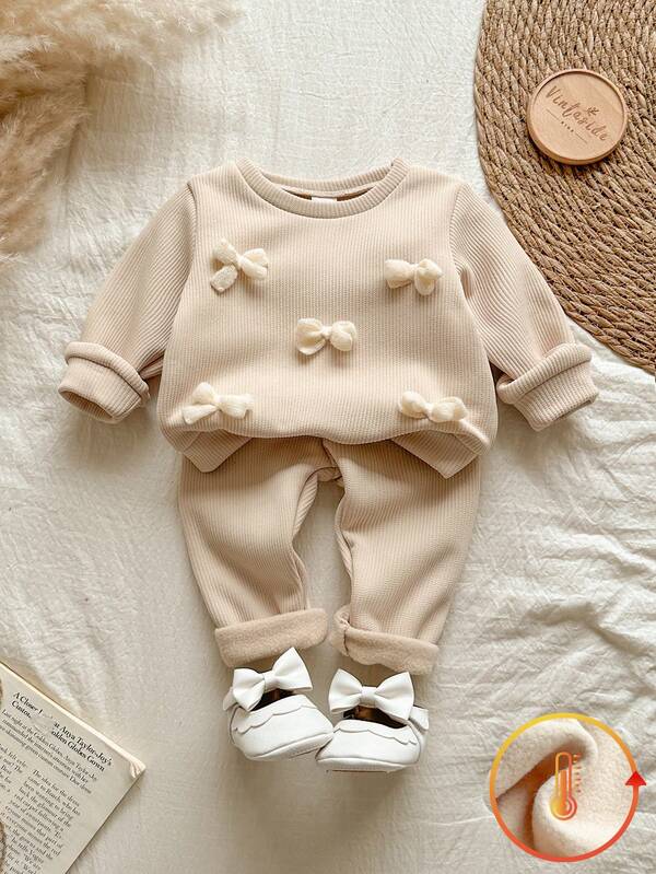 Vintaside Kids 2pcs Baby Girls Casual Versatile 3D Bow Decor Thick Fleece Long Sleeve Top And Pants Set, Suitable For Autumn/Winter, Indoor & Outdoor, Daily Wear