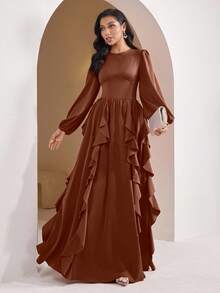 Veilorie Váy suông tay đèn lồng màu trơn thanh lịch phong cách Ả Rập dành cho nữ - màu nâu - Xem 5