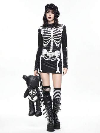 Goth Vestido mini de terciopelo negro con estampado de esqueleto gótico para mujeres