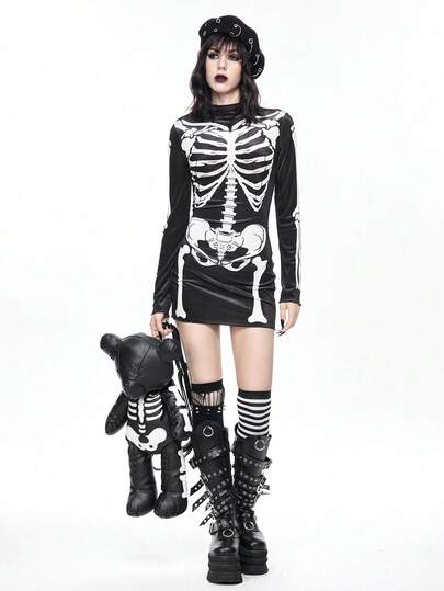 Goth Vestido mini de terciopelo negro con estampado de esqueleto gótico para mujeres